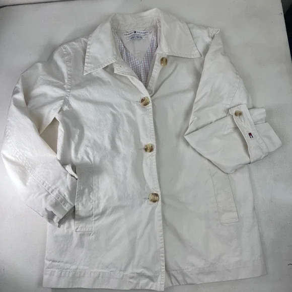 Vtg Tommy Hilfiger White‎ Cotton Button Up Jacket Womens Medium Casual Mod Disco