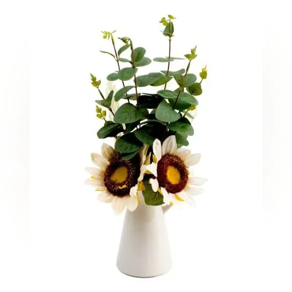 Elegant White Vase with Sunflower Arrangement NIB