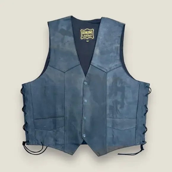 Genuine Leather Men’s Vintage Black Motorcycle Vest Size: 48