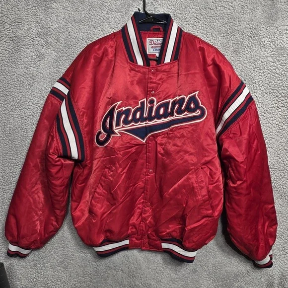 Rare VTG‎ Cleveland Indians Starter Red Satin Jacket Diamond Collection Mens LRG