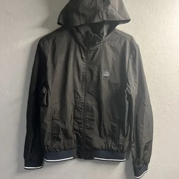 Calvin‎ Klein Men's Black Windbreaker Small Removable Hood Jock Reflective