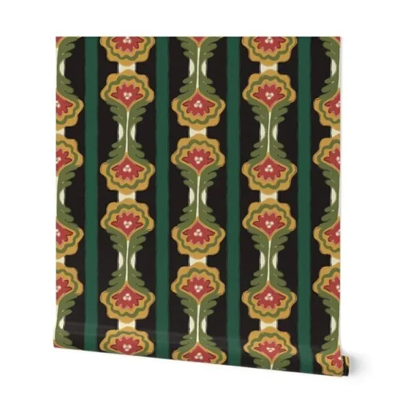 Spoonflower x Dani Dazey Pinstripe Plant - Gold, Green Red Non Pasted Wallpaper