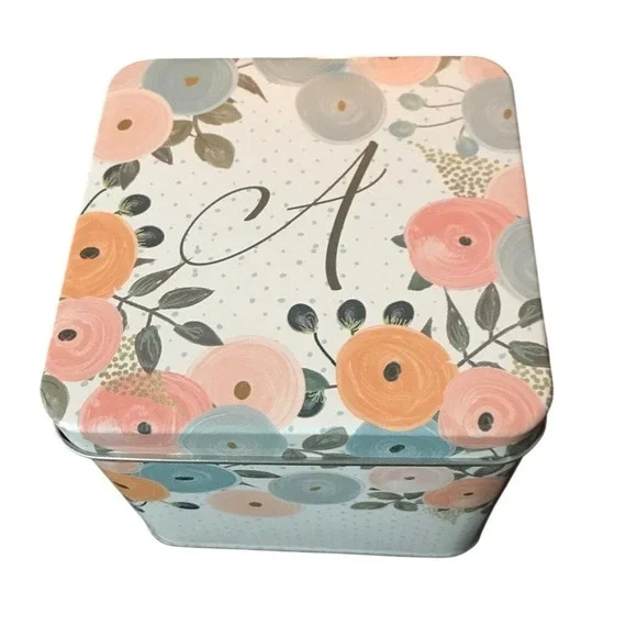 Floral Monogram Letter A Metal‎ Storage Tin Box Blue Peach Flower Decor