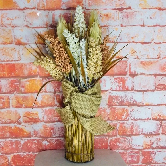 Rustic Faux Dried Floral Wheatgrass Bouquet with Burlap Wrap