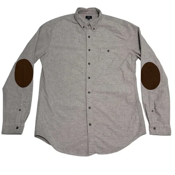 J. Crew Gray Casual Button Down Shirt with Brown Elbow Patches Size L-T