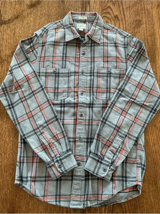 J. Crew Gray and Coral Plaid Slim Button-Up Shirt