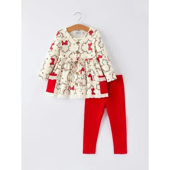 Toddler Girls 3T Christmas Mickey Set Holiday Lights Lace Top Red Pants Boutique
