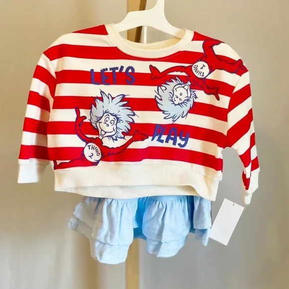 Dr Seuss Thing 1 & 2 Kids Striped Sweatshirt and Ruffle Skirt Set Red Blue 18M