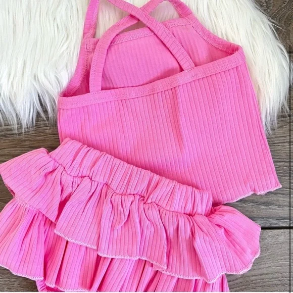 New Boutique Girls Ribbed Ruffled Skirt and Tank Set