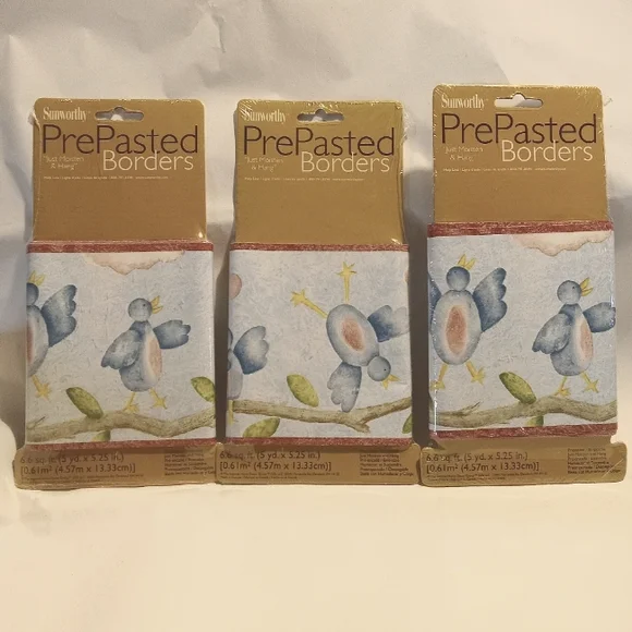 LOT OF 3 Sunworthy Blue Birds Prepasted Borders 5Yd X 5.25” Each NEW SEALED