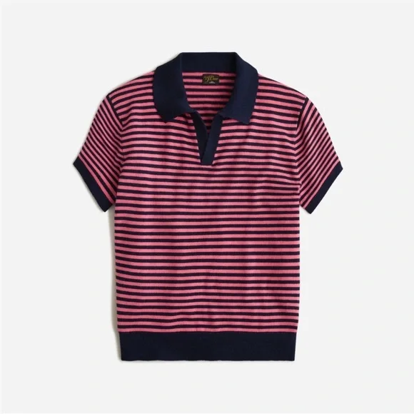 J.Crew Pink And Blue Striped Cashmere Johnny Collar Short Sleeve Top L