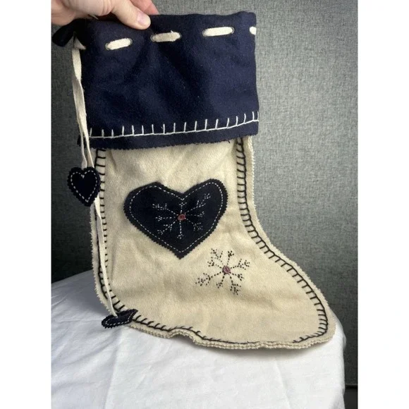 Wool Blend Christmas‎ Stocking Scandinavian Folk Art Blue White Snowflake Heart