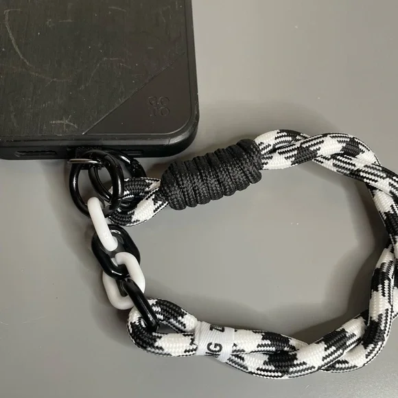 Men’s Black & White Braided Phone Wrist Lanyard with Chain Accent