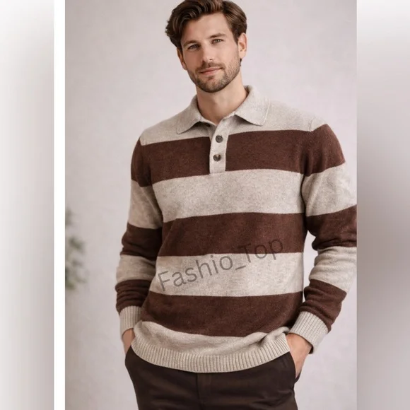 J. CREW Rugged Merino Rugby Sweater in Stripe Brown Tan Sz M $158