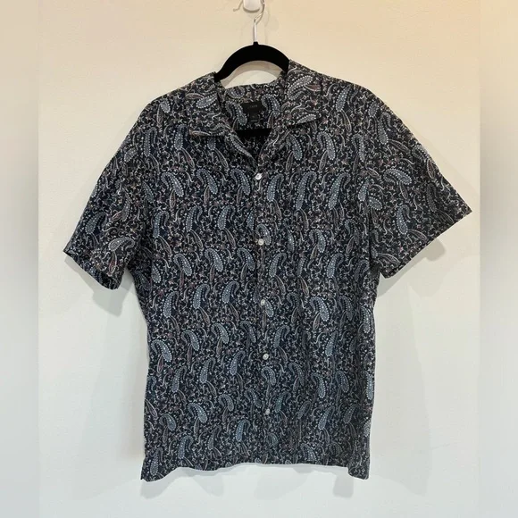 J.Crew Men's Large Short Sleeve Blue White Paisley Floral Loop Collar Camp Shirt