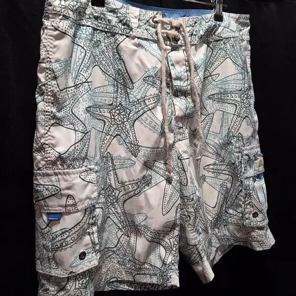 J. Crew Mens 33 Y2K Cargo Starfish Octopus Board Shorts Swim Trunks White Blue