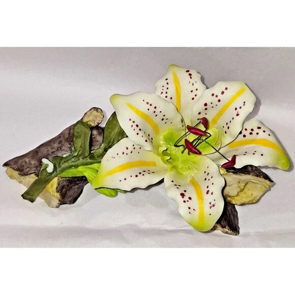 VTG Rare Tiger Lily Branch Cream Yellow Green Italy Porcelain Has Damage