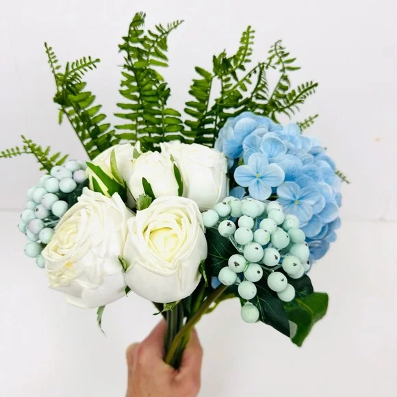 Artificial Flower Bouquet Blue Hydrangea White Roses Fern Leaves & Berries NEW