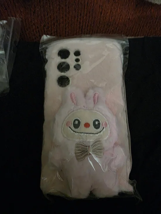 Pink Fuzzy Labubu Phone Case with Bow Accent - S25 Ultra