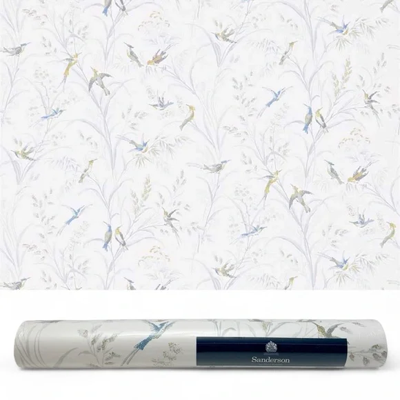 Sanderson Fabienne Tuileries Silver Multi Birds Wallpaper 1 Roll NEW