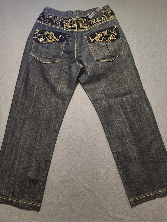 Ablanche Jeans Men Size 34 Black Baggy Y2K Hip Hop Vintage Embroidered