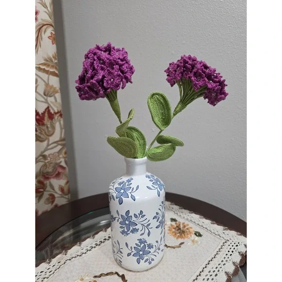 Set of 2 Handmade Crochet Purple Flower‎ Stems – Artificial Floral Decor