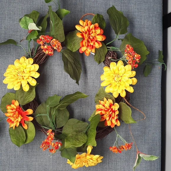 Zinnia Wreath Yellow Orange Flower Artificial Floral Candle Ring Centerpiece