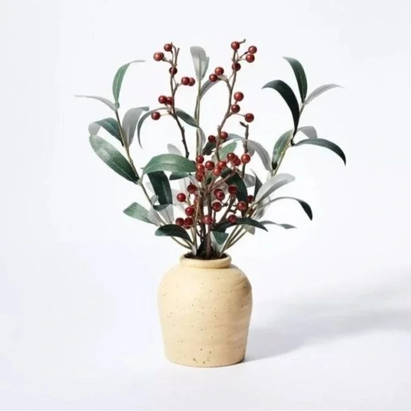 Threshold Green and Red Faux Berry Arrangement in Tan Vase