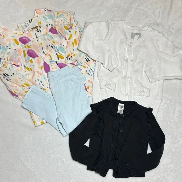 NWOT abstract top & pima leggings EUC black & white cardigan 2t