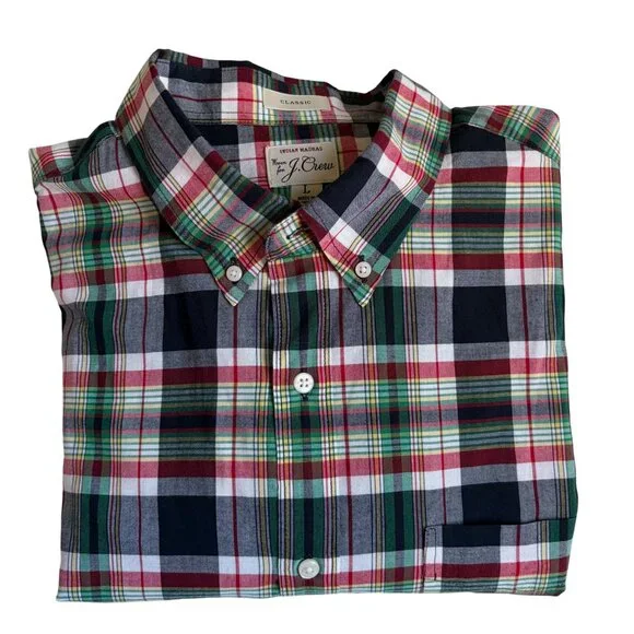 J.Crew Indian Madras Button-Down Shirt (Red, Green & Navy Plaid) - Size Large