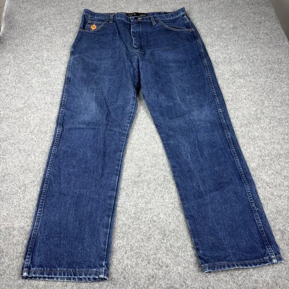 Wrangler FR Jeans Mens 38x32 Relaxed Flame Resistant 31MWZ Dark Wash Blue Denim