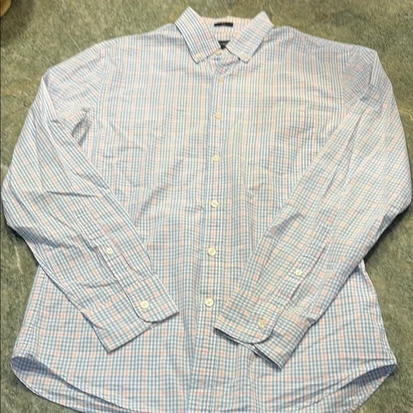 J. Crew Men's Casual Blue Pink Plaid Shirt slim medium button down long sleeve
