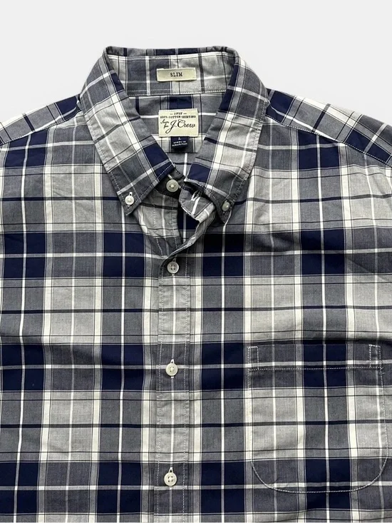 J. Crew Slim Fit Navy Blue Plaid Button Down Cotton Long Sleeve Shirt Size L