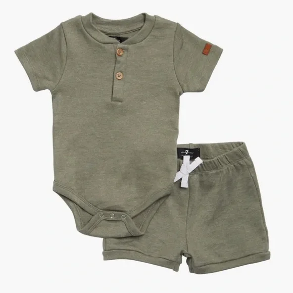 NWT- 7 for all mankind. Olive Green 2-Piece Bodysuit & Knit Shorts Set. Size 0-3