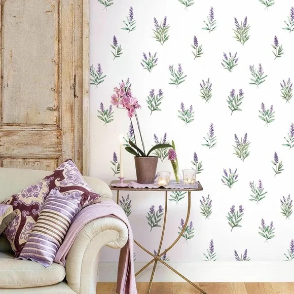 Lavender Sprig Wallpaper – Purple Floral Peel and Stick Wall Decor