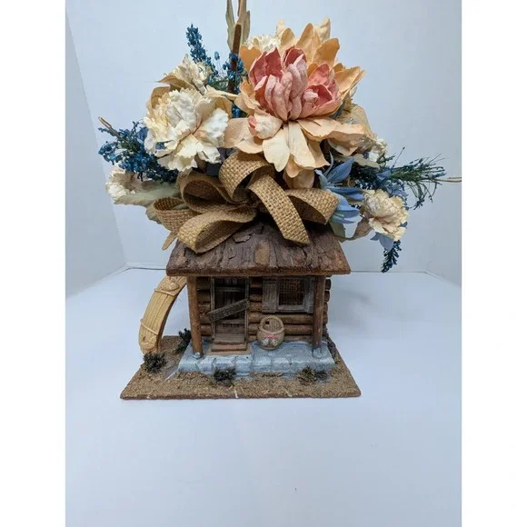Rustic Log Cabin Floral Arrangement Faux Flowers Basket Lodge Country Decor 11