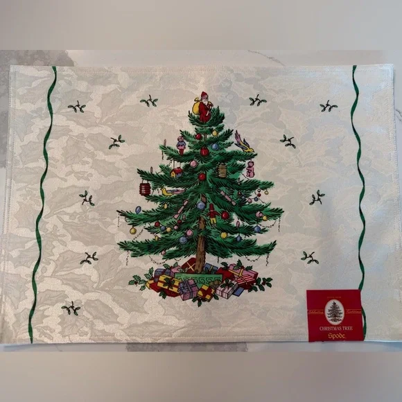 NWT Spode Festive Christmas Tree Placemats Green &‎ Red Accents: Set of 6