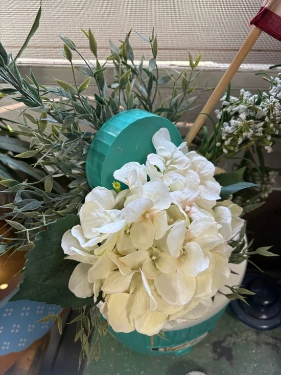 Vintage Vagabond by Thermos Turquoise Cooler with White Hydrangea and Greenery