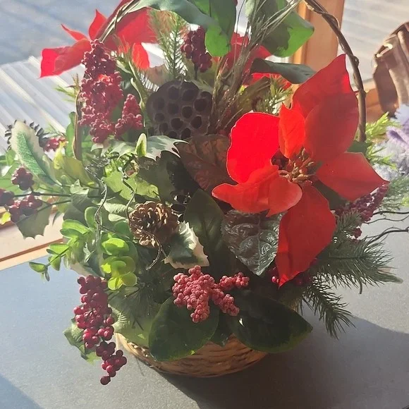 Artificial Poinsettia and Pinecone Christmas Flower Basket Arrangement