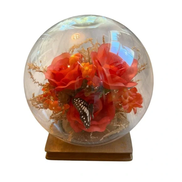 Vintage Butterfly dome terrarium brown glass floral 70s decor