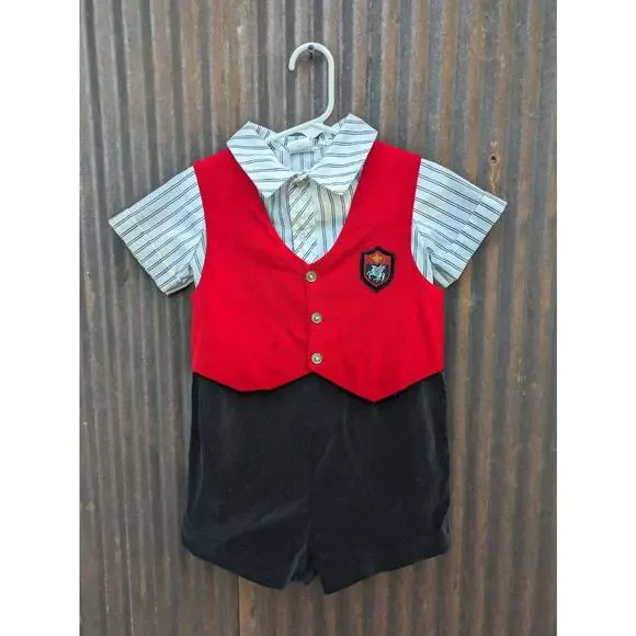 Vintage Baby Boy British Romper Black Red Velvet Vest Crest Patch Shorts Pegasus
