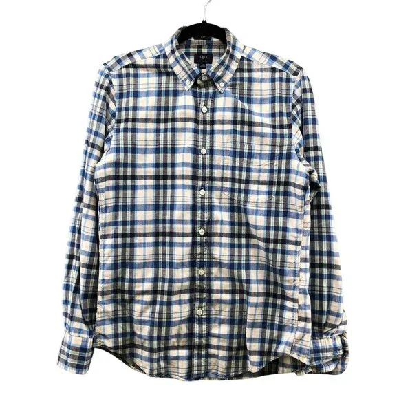 J. Crew Long Sleeve Shirt Mens S Slim‎ Fit Blue Plaid Homespun Slub Cotton