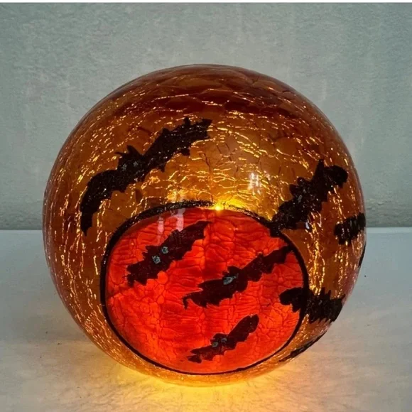 Halloween Crackle Glass Light Up Globe 6” Orange Black Bats LED Battery Decor