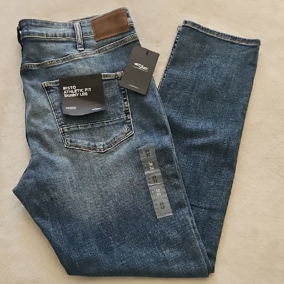 NEW Mens Silver Risto Athletic Fit Skinny Leg Max Flex Jeans: Indigo: 38x32
