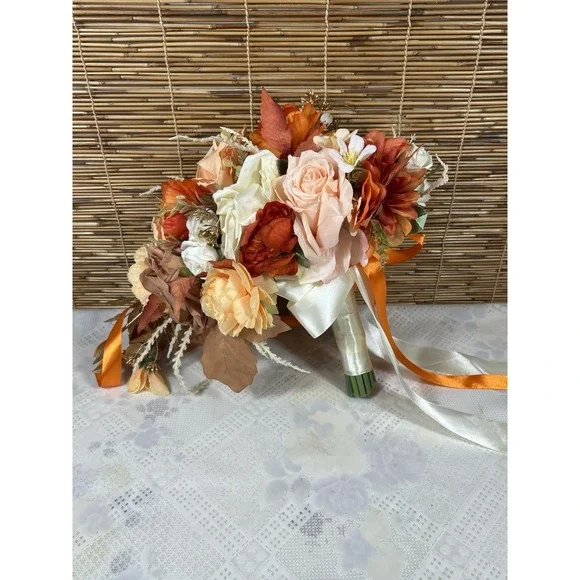 Wedding Bridal Floral Bouquet Real Touch Silk Orange Terracotta Flower 11