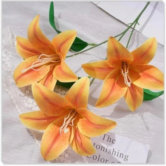 3‎ Pcs Fake Flowers Lily Silk Flowers for Home Decorations Orange