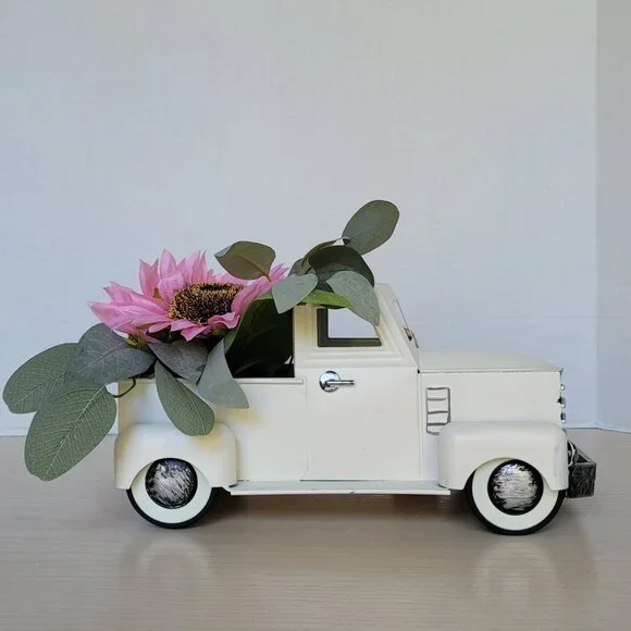 Decorative Retro Style Pick Up Truck Ivory Metal Pink Sunflowers Green Leaves