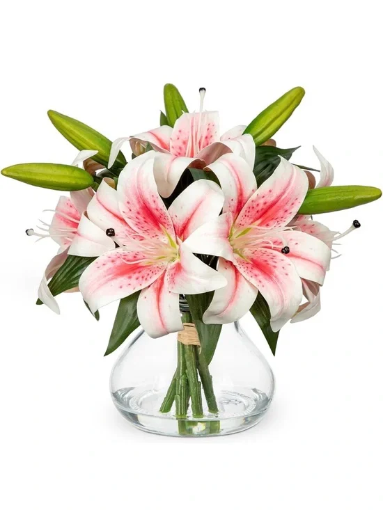 NWT Pink and White Stargazer Lily Arrangement in Glass Vase-Faux Silk Florals