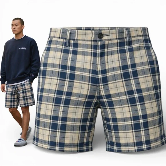 J. Crew Blue & White Plaid Flat Front Cotton Shorts Size 35 Casual Preppy