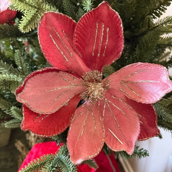 Velvet Pink Poinsettia Picks Gold Trim Holiday Decor Set of 5